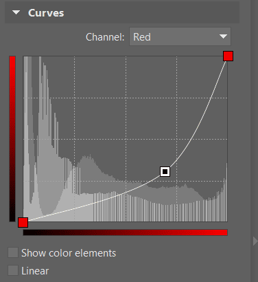 This shape for the red channel’s curve has changed some red tones to blue.