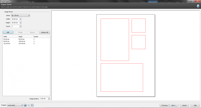 In the Paper Saver, you can choose picture formats to be auto-placed on the page, or create your own formats.