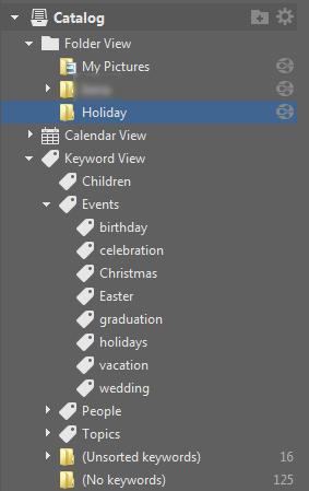 Use the Catalog part of the Navigator to browse photos by folder, by date, or by keywords.