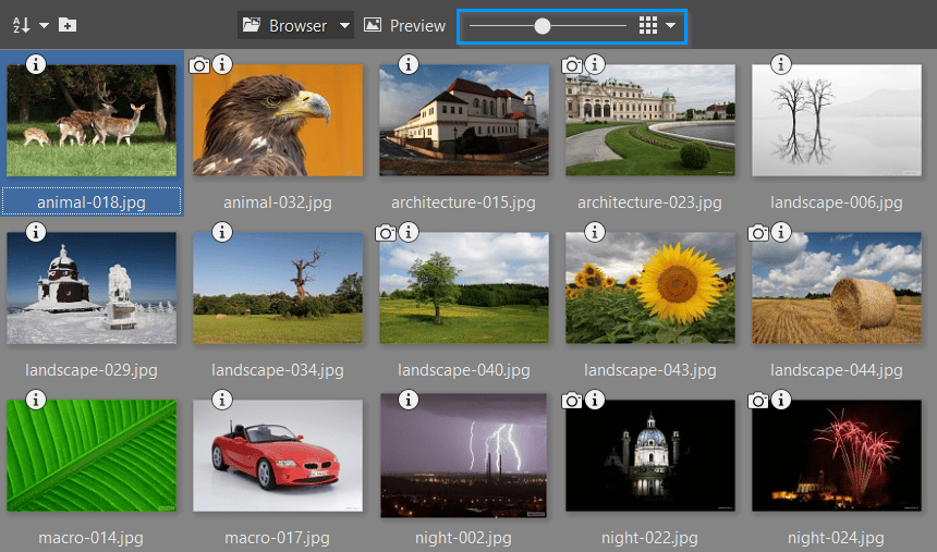 You can change the thumbnail size as needed while working in the Browser.
