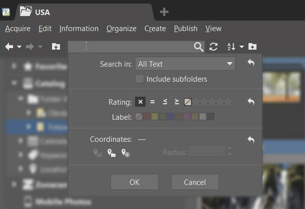 Click the magnifying glass to show the search controls. Use those controls to set where to search and what kinds of information to search in: text, ratings (stars), colored labels, GPS coordinates, and/or keywords. Then just click OK.