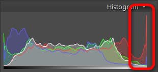 This picture’s red-channel blowout really stands out in its histogram.