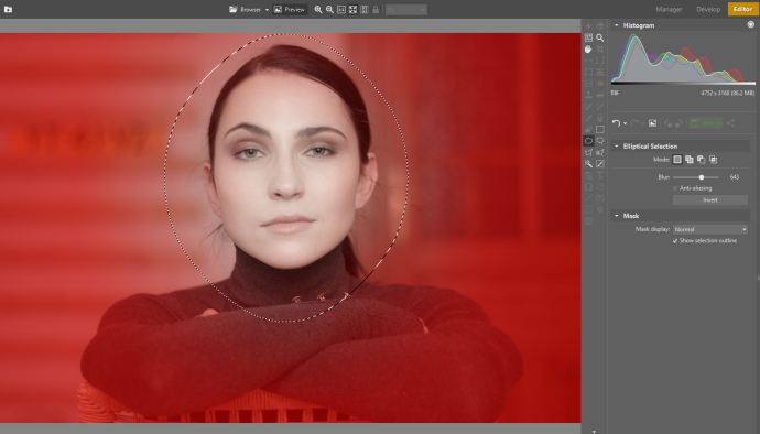 Use a nice high Blur to make the selection fade out slowly into the mask.