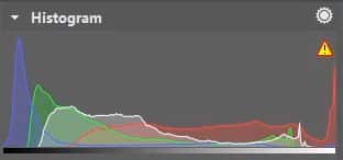 In the histogram, you can immediately notice the strong underexposure of the blue and green channels and the large amount of detail in the red channel. That’s no surprise, given the photo’s overall red tint.