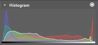In the histogram from after my edit, you can see the even distribution of the red channel while the green and especially the blue channel have been suppressed.