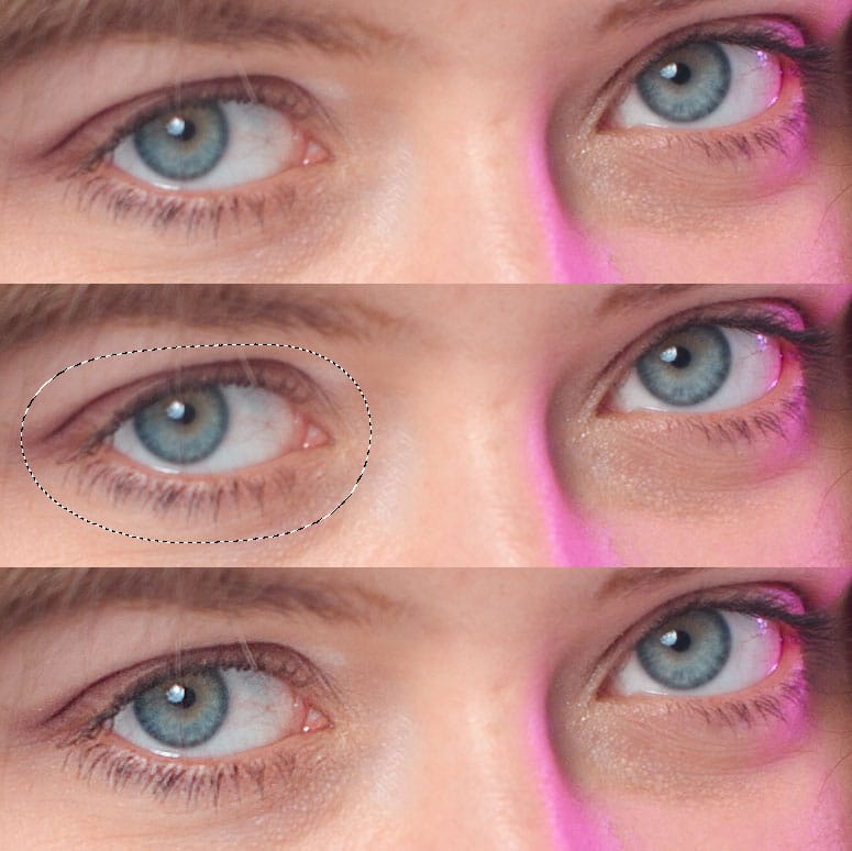 The eye on the left was not sharp enough, and so I selected it (second image) and then improved it to about the quality of the other eye (third image).