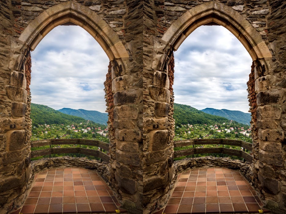 The photo on the left (after first having its colors edited) was sharpened as shown on the right to make its structure stand out.