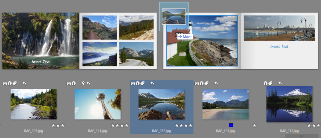 Just drag and drop pictures into the calendar. In the Filmstrip you’ll also see numbers on your photos—these indicate how many times you’ve used the given picture within the calendar.