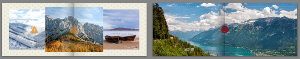 Pictures marked with an exclamation point in an orange triangle will still look basically okay in print. But the use of pictures marked with an exclamation point in a red circle should be avoided completely. Replace them.