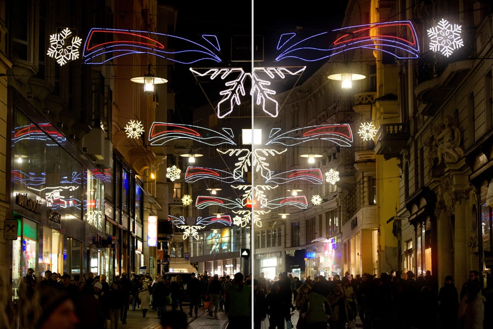 Blurring smaller light sources. Original photo on the left; image with bloom on the right.