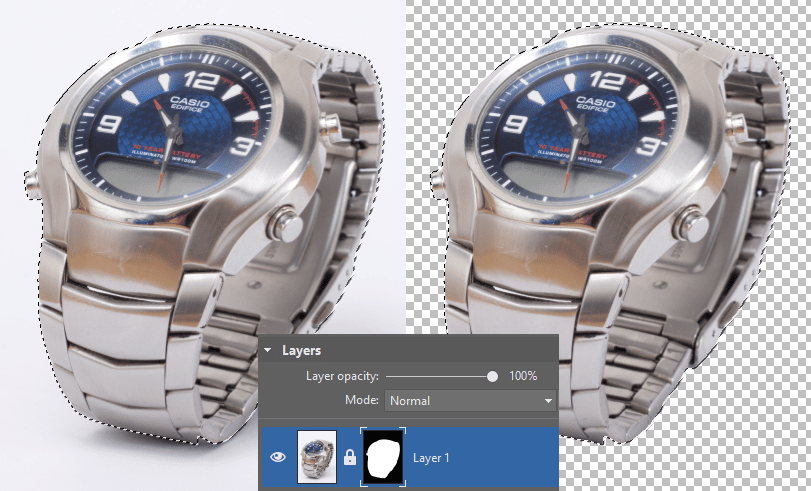 Left: The state of a layer after making a selection using the Magnetic Lasso. Right: Its state after creating a mask using “Reveal Selection.” Center: Here’s how the mask made from the selection looks.