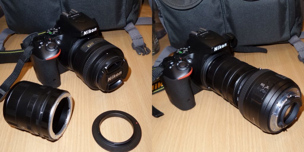 Setting up the camera using a reverse ring and a set of extension tubes. Nikon D5500, Nikkor 35 mm, 1/60 s, ISO 1200