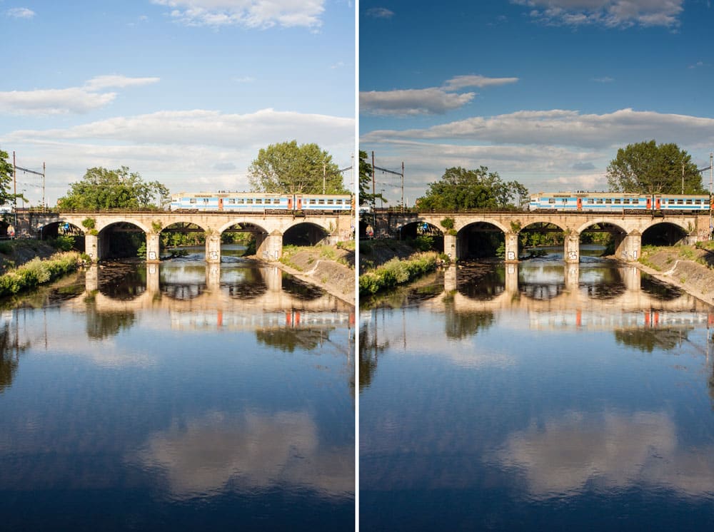 The originally mismatched surface and sky (left) were edited to harmonize them and give a more impressive picture. Canon 350D, Macro-Revuenon 24/4, 1/200 s, approx. f/8, ISO 100, focal length 24 mm