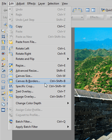 Select Edit | Canvas & Borders