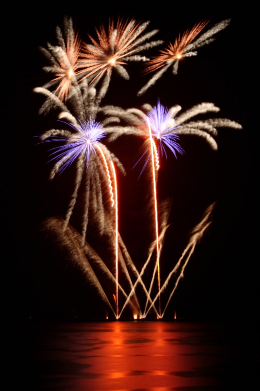 Ground effects and rocket trails form the stems for these fireflowers. Canon EOS 400D, 5 s, F10, ISO 100, focal length 35 mm. Photo: Milan Kylar