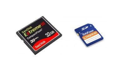CompactFlash memory card on the left. SD format on right.