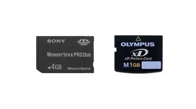 Left Memory Stick, on the right xD Picture Card - at the time one of the smallest memory card