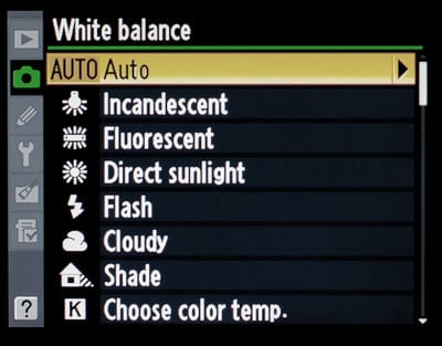 The white balance presets in a Nikon camera.