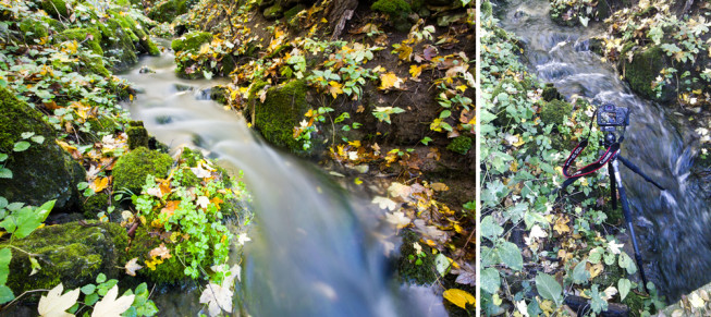 A photo of a stream among the moss. On the right, a documentary shot of the tripod standing in water. Canon 5D Mark III, EF Canon 16–35 mm f/2.8 II USM, 15 s, F22, ISO 100, focus 16 mm. Photo: Vít Kovalčík