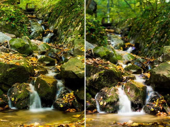 On the left: an ordinary photo with F22 and a time of 15 seconds (70 mm focus). On the right: a polarizing filter pair has enabled a shot at F2.8 with a time of 10 seconds (75 mm focus). Canon 5D Mark III, EF Canon 70–200 mm f/2.8 II IS USM. Photo: Vít Kovalčík