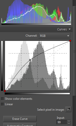 Brightening shadows using the Curves controls—by brightening the left and middle input values.