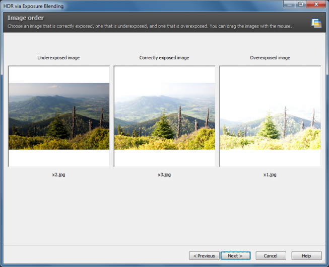 In the next step, check to make sure the source photos are in the correct order—underexposed, correctly exposed, overexposed