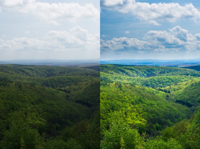 Edited and “raw” version of a photo of springtime hills. Canon 7D, Sigma 30/1.4, 1/60 s, F9, ISO 100, focus 30 mm