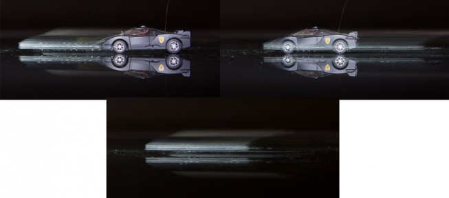 An illustration of front- and rear-curtain sync. The car was in forward motion, and the exposure was 1/4 second. If the flash fire is timed to the beginning of the exposure, ugly ghosting appears in front of the car. To give more “natural” ghosting, behind the car, you need to turn on rear-curtain sync (right). For comparison, a flashless version is at the bottom. Canon 5D Mark III, Canon EF 24-70/2.8, 0.25 s, F5.6, ISO 800, focus 42 mm 