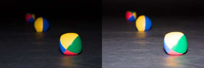 These balls are at distances of 1, 2, and 3 meters from the camera, inside a dark room. When the flash illuminates the first ball correctly, the others are rather dark. Quadrupling the strength illuminates the second ball right, but makes the first one over-lighted.