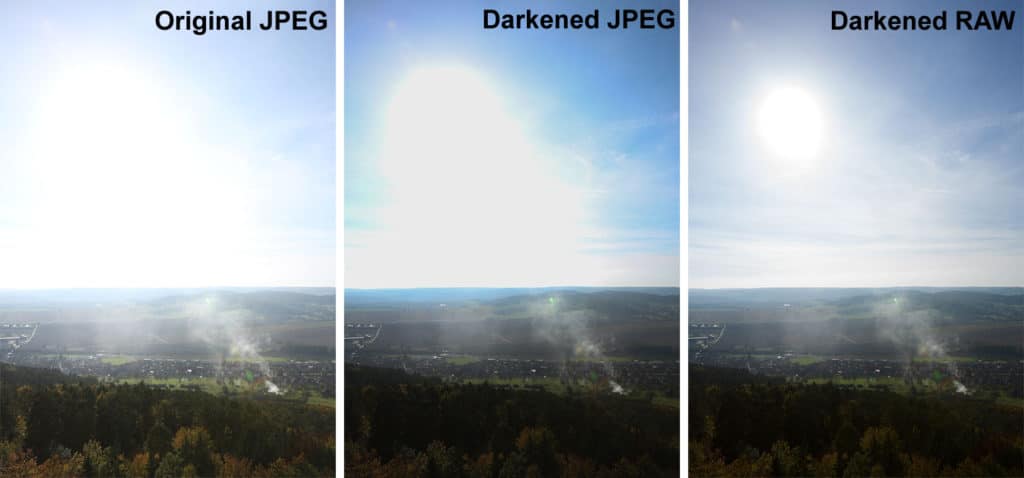 The same photo in two files—JPEG and RAW—produced with a single press of the trigger. If I try to darken the sky (in this case by about 1.39 EV) in the JPEG, all I get is one large one-color blob. I can safely darken the RAW much more, although there too I eventually run into limits. Canon 5D Mark III, Canon EF 16-35/2.8 II, 1/125 s, F8.0, ISO 160, focus 27 mm