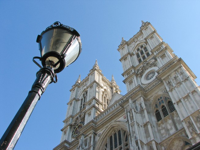 Westminster Abbey with a street lamp.