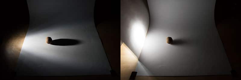 The hard shadow from a bike lamp, vs. the soft shadow from holding ordinary office paper in front of that lamp. The shot time increased from 1/20 second to 1/2 second.