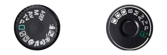 The mode dial on an amateur DSLR (left) contains a wide range of automatic scene modes. Meanwhile pro-class cameras (right) don’t have these beginners’ modes. But they do have user modes that you can program yourself.