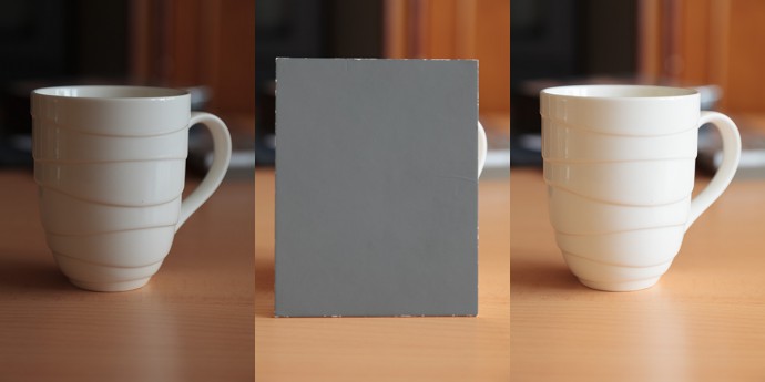 A light subject, center-weighted metering. On the left: exposing based on the subject (underexposed by 2 EV). On the right: exposing based on a gray card (the subject’s light color is captured faithfully)