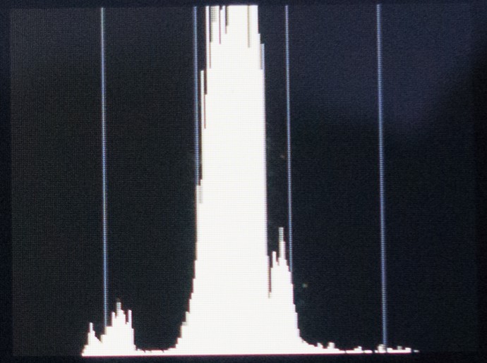 Closing the aperture back up by 2/3 EV gives ideal exposure; the histogram peak from the gray card is now in the middle of the histogram.