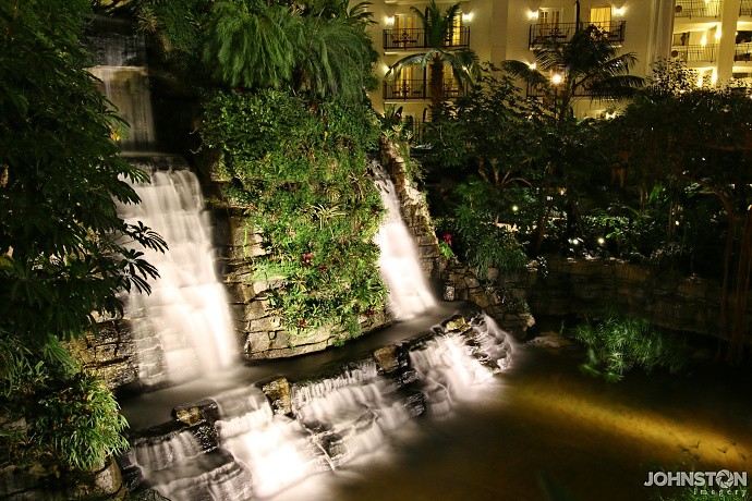 Indoor waterfall at night. This waterfall is inside the Gaylord Opryland Hotel in Nashville, TN