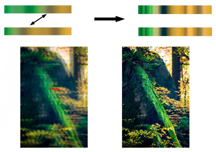 Sharpness is calculated via the thin strip marked in red. The lens is focused based on the original phase difference.