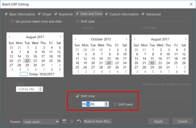 Time and date shift settings.