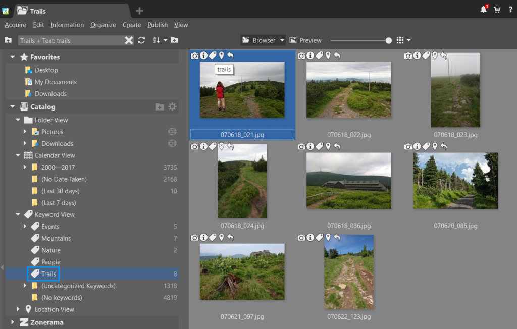 The Catalog lets you browse your photos by keyword. Just click the keyword “Trails” in Keyword View, for example, and ZPS immediately shows all the cataloged photos that contain that keyword. You can also group your keywords into categories for better organization.