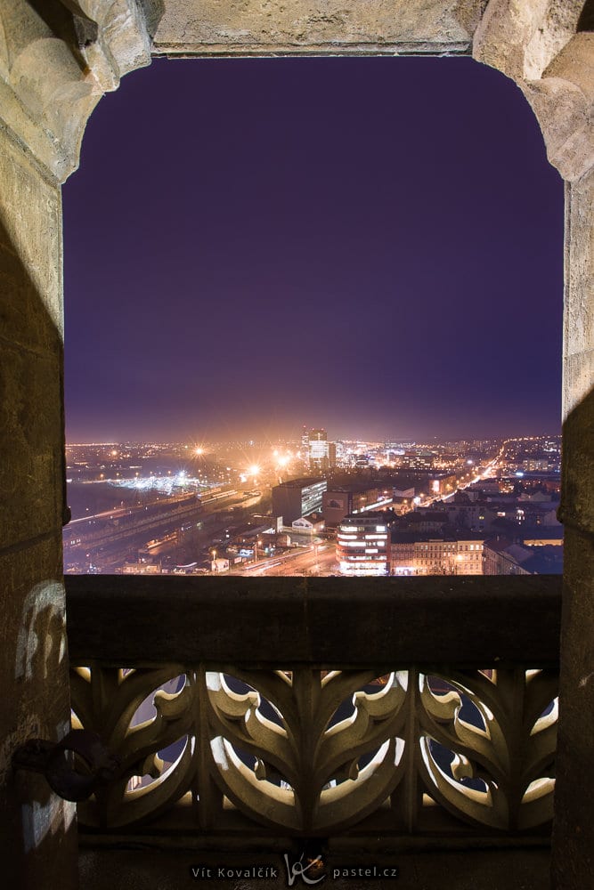 The nighttime city, framed by the outline of a lookout tower’s doorway. Canon 5D Mark III, Canon EF 16-35/2.8 II, 10 s, f/10, ISO 400, focus 16 mm 