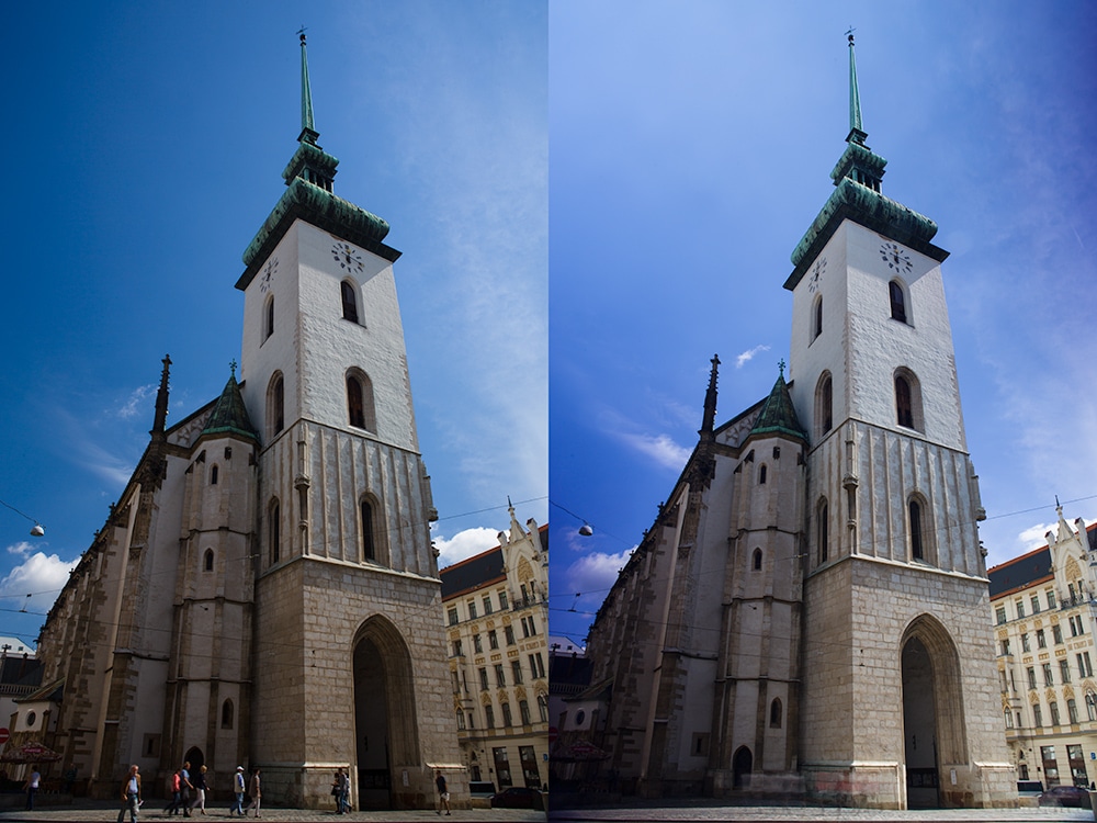 A church with one polarizing filter (left) and with two (right), where passersby were heavily blurred already with an exposure time of 2 seconds. Canon 5D Mark III, Canon EF 24-70/2.8, 1/20 s on left and 2 s on right, F16, ISO 100, focus 25 mm