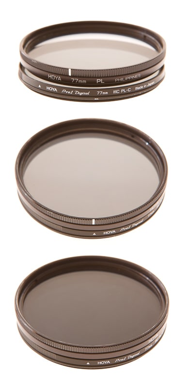 Two polarizing filters, one linear and one circular, used in combination. Middle: lenses lined up (same polarization plane). Bottom: at right angles.