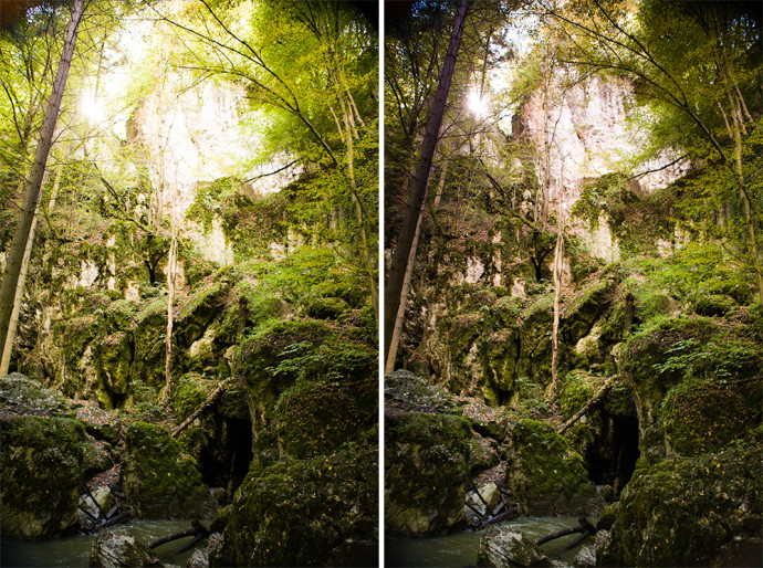 A scene photographed once normally, and once with help from a rectangular filter to darken it at the top. Canon 5D Mark II, Canon EF 24-70/2.8, 1/50 s on left and 1/30 s on right, F3.2, ISO 800, focus 70 mm 
