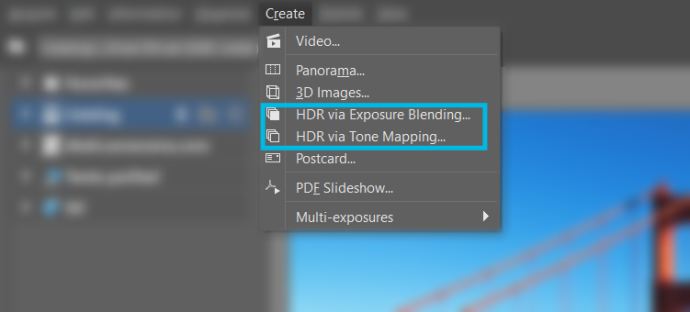 To create HDR images, use the corresponding items in the Create menu.