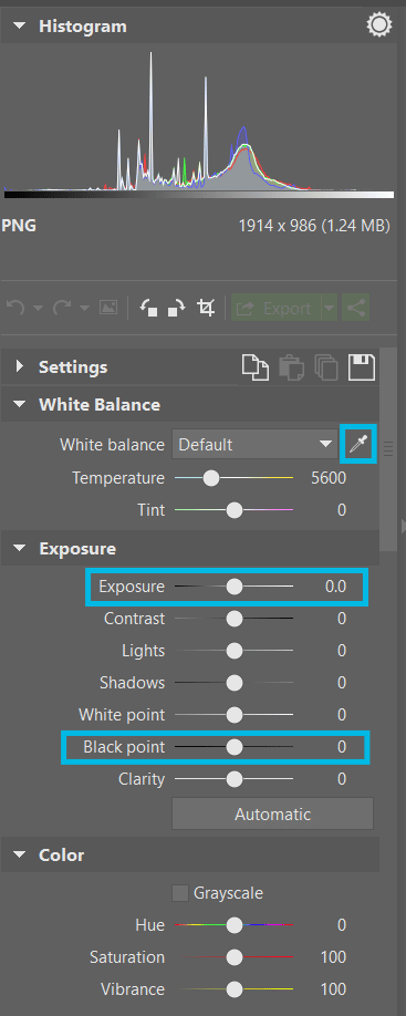 Repairing white balance (the white balance eyedropper) and exposure (the Exposure slider) and adjusting contrast (the Black Point slider) in the Develop section.