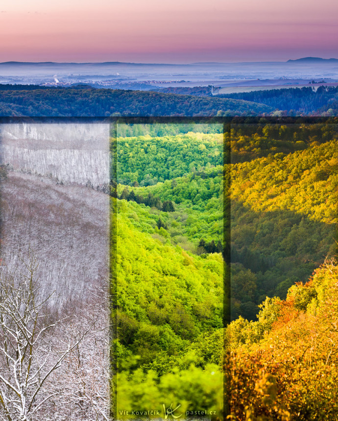 A picture stitched together from photos of the landscape in different seasons. Unfortunately the differences between them were very sharp, so the picture looks better with small “transition” segments.