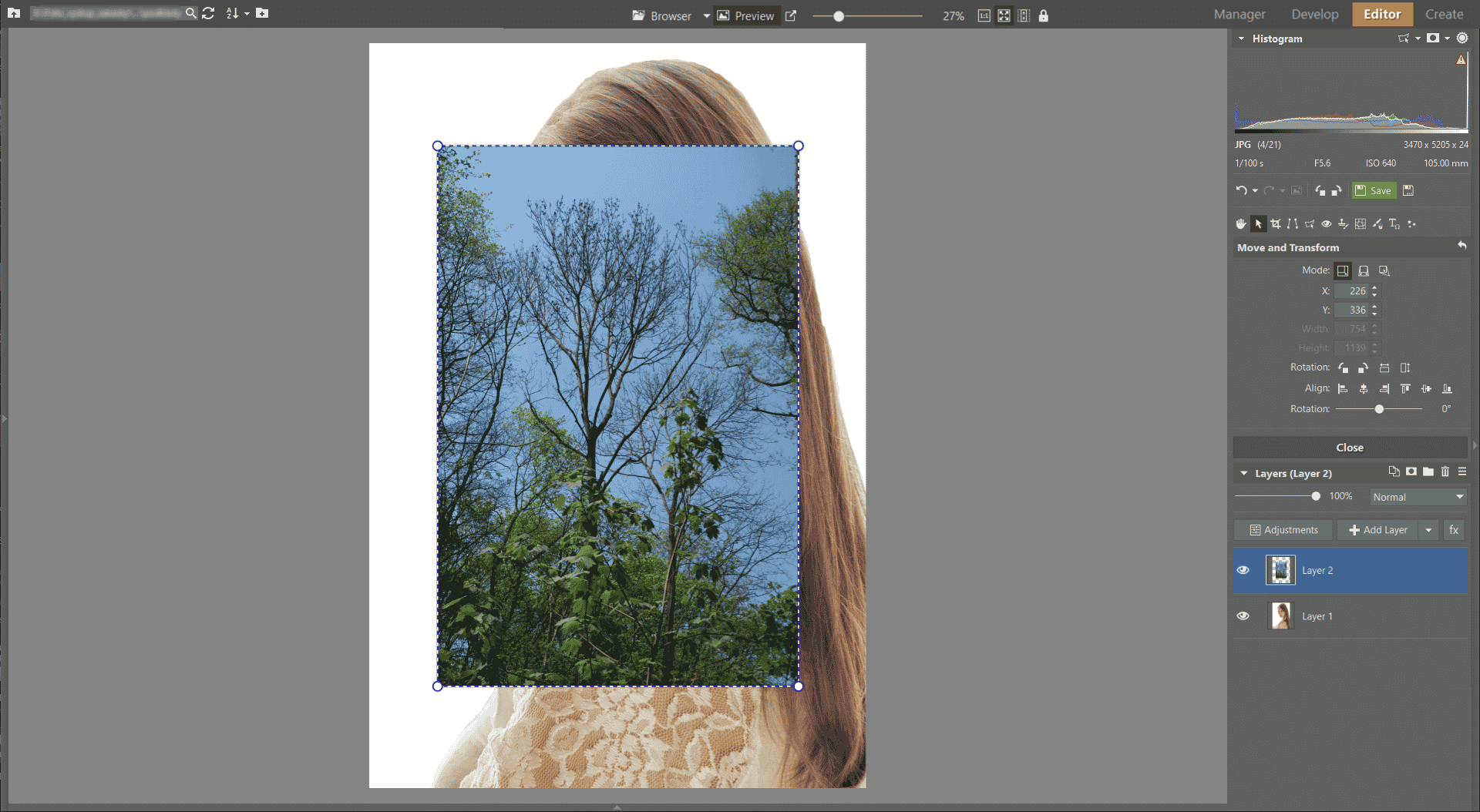 Learn to Create a Double Exposure Effect in Zoner Studio - adding 2nd exposure