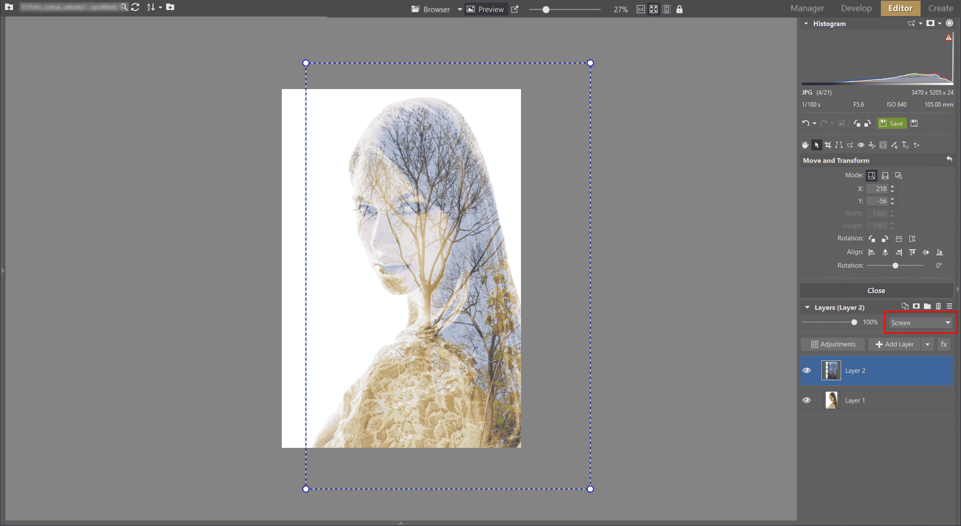 Learn to Create a Double Exposure Effect in Zoner Studio - setting 2nd layer to screen