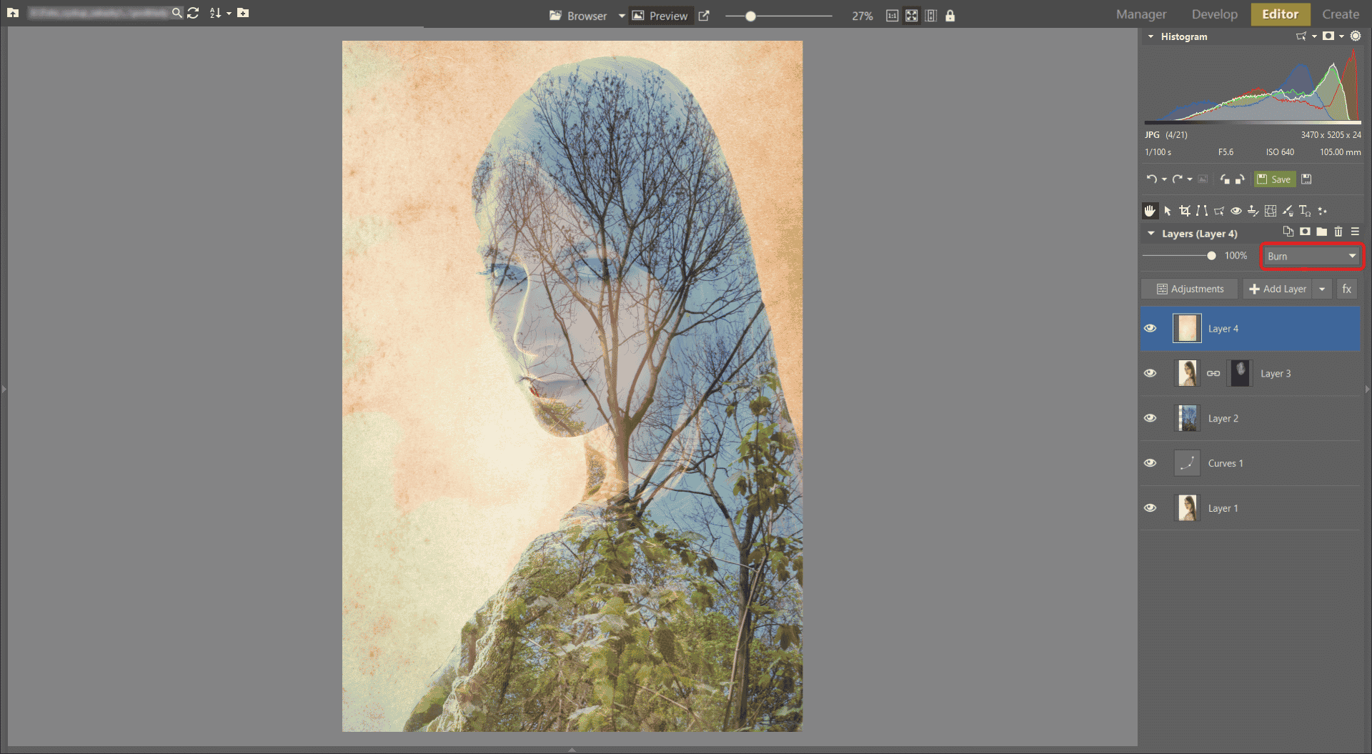 Learn to Create a Double Exposure Effect in ZPS - setting texture mode to burn