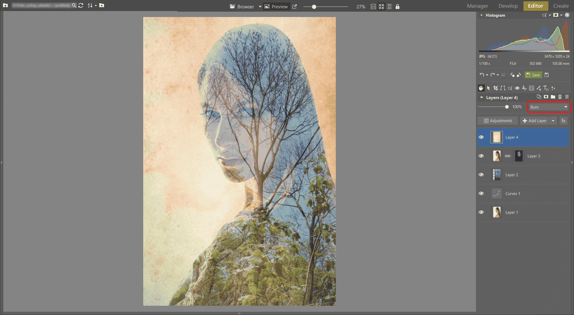 Learn to Create a Double Exposure Effect in Zoner Studio - setting texture mode to burn